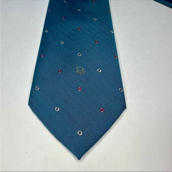 Vintage DIOR Embroidered Signature Polka Dotted Teal Classic Tie